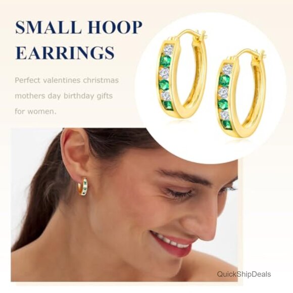 Sterling Silver or 14K Gold Plated Chunky Hoop Earrings with CZ Stones - Picture 3 of 7